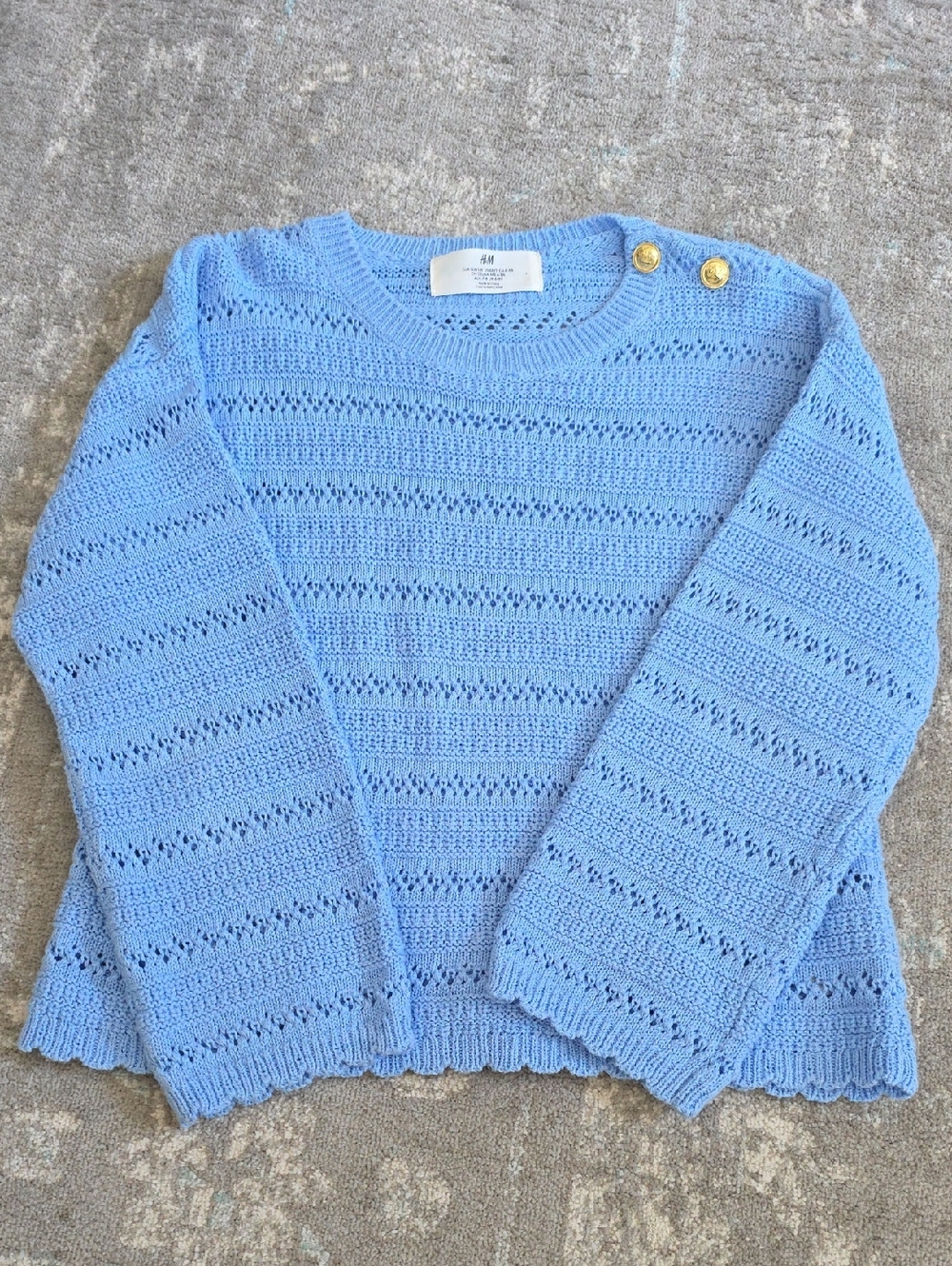 H&M Girls Blue Openwork Crewneck Sweater with Gold Buttons / Size 6x-7